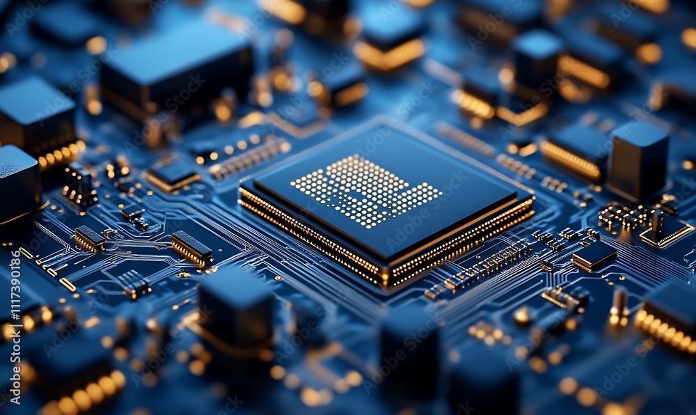 Poster CloseUp of Advanced Computer Circuit Board with Microprocessor Technology : Generative AI