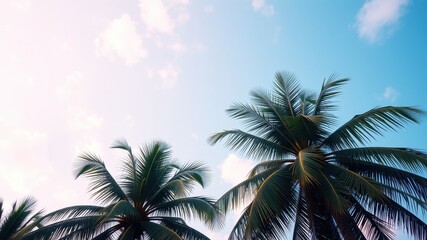 Palm trees reach towards the sky, their fronds swaying gently in the summer breeze, creating a peaceful and serene scene.