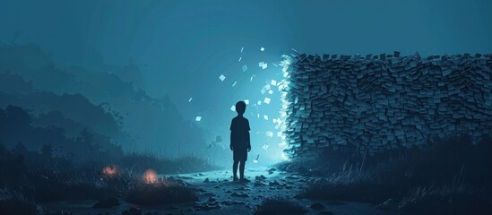 Obraz premium Silhouetted figure stands alone in a dramatic fantastical landscape under a starry night sky creating a sense of mystery adventure and wonder