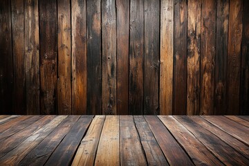 A rustic wooden backdrop featuring a textured wall and floor, ideal for photography or design.