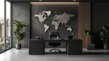 Modern, minimalist CEO office with a world map, large window, and city view.