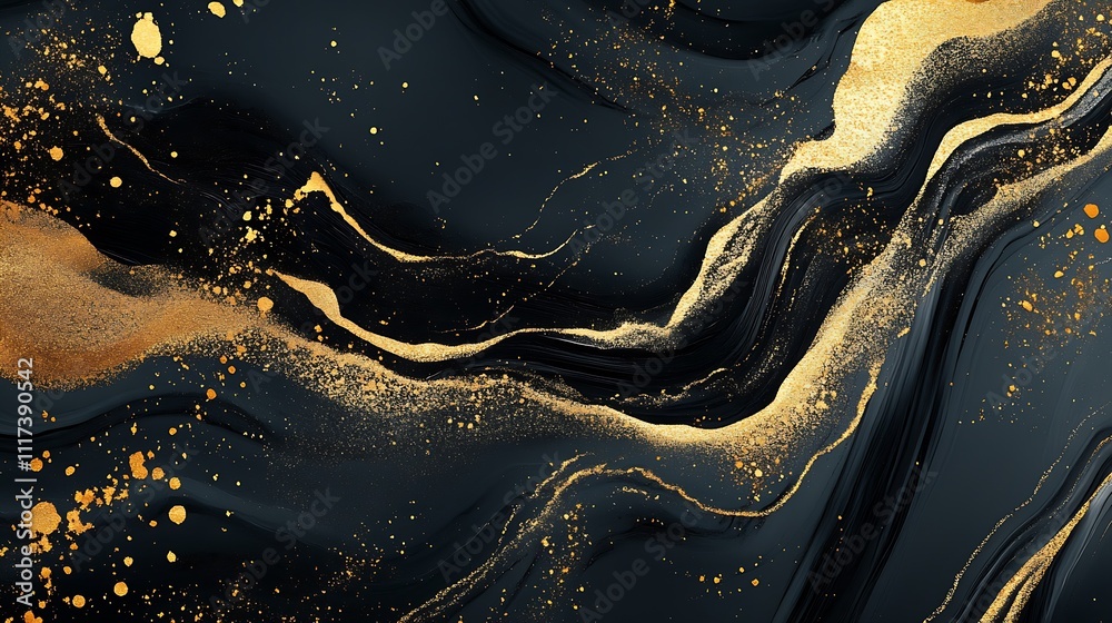 Poster Golden Splashes and Textured Marble in Abstract Artistic Black Background : Generative AI