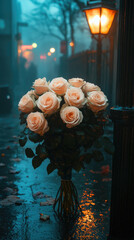 bouquet of flowers on the street at night 
