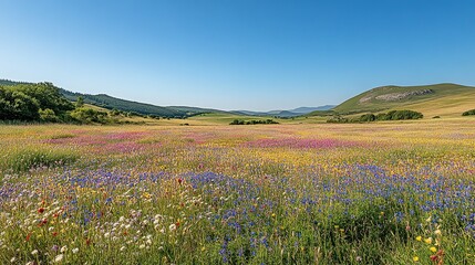Fototapeta premium Vibrant wildflowers bloom in a vast meadow under a clear blue sky.