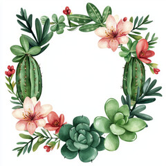 Naklejka premium watercolor vibrant succulent wreath featuring blooming flowers and cacti, perfect for adding touch of nature to any decor. This beautiful arrangement showcases various green succulents and colorful
