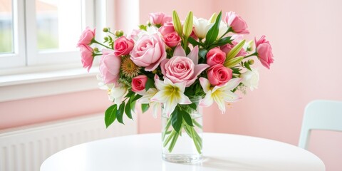 Fototapeta premium A delicate bouquet of pink roses and white lilies arranged in a clear glass vase on a white table in a soft pink room.