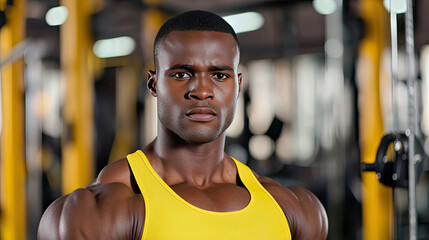 Strong athlete posing confidently in a vibrant gym setting, showcasing his dedication.