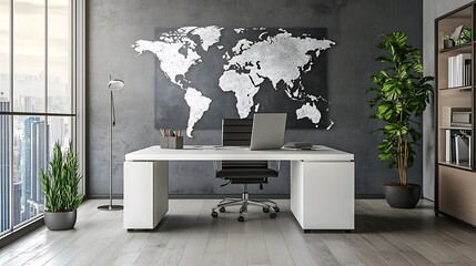 Modern minimalist office with world map, city view, plants.