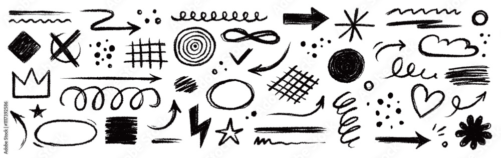 Fototapete arrow brush line chalk sketch texture brush vector set. crayon marker scribble sketch stroke arrow e