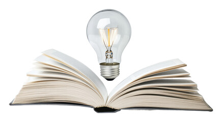 Open book with light bulb representing ideas, cut out - stock png.