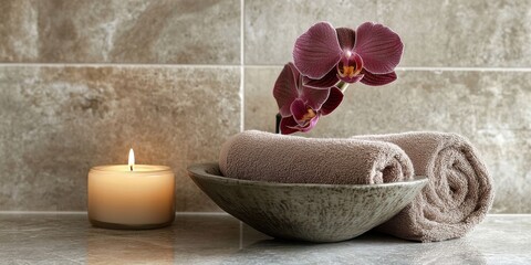 Relaxing spa setting featuring a towel and candle, complemented by an elegant orchid in a bowl, creates an ideal atmosphere for tranquility and rejuvenation in a soothing spa experience.