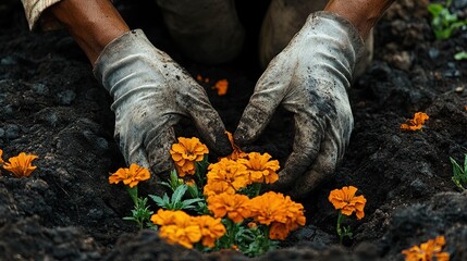 Hands planting bright orange marigolds in dark soil.