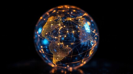 Global network connection displayed on a glowing orb. Illustrates worldwide connectivity, data transfer, and global communication.