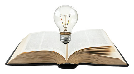 Open book with glowing light bulb above pages, cut out - stock png.