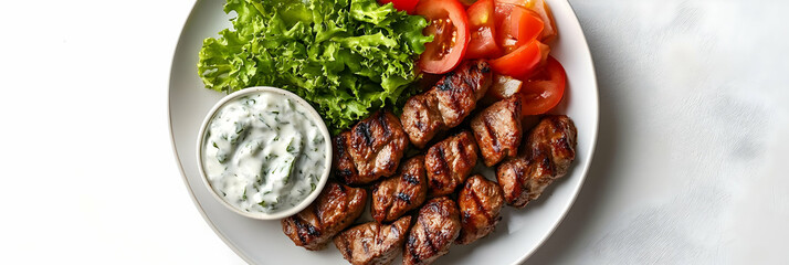 Grilled Meat Cubes with Yogurt Sauce, Lettuce, and Tomatoes - A Delicious Food Photography Image