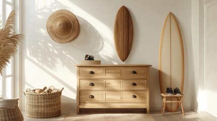 A serene interior featuring a wooden dresser, surfboards, and decorative elements.