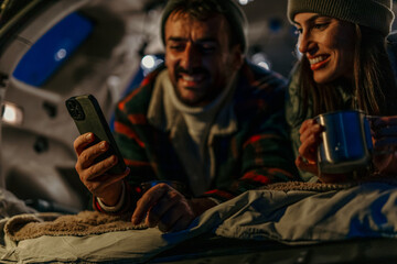 Man and woman sipping hot tea, sitting in the truck bed on a cold night. Cozy time together