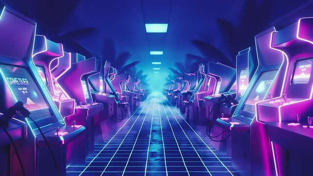 Retrowave style neon arcade hallway loop