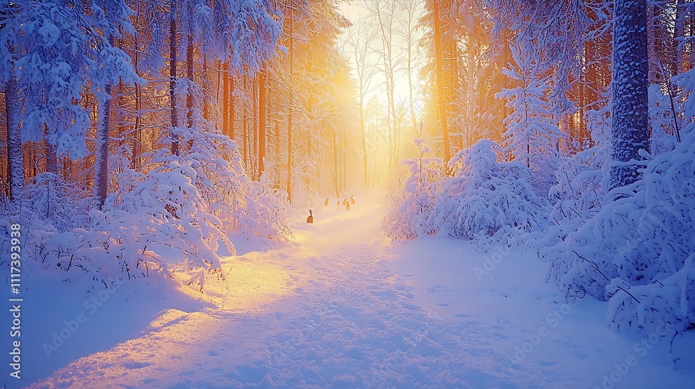 Poster enchanting snowcovered forest pathway with warm sunset light and frosted trees : generative ai