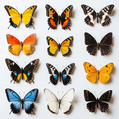 Collection of colorful butterflies isolated on a white background