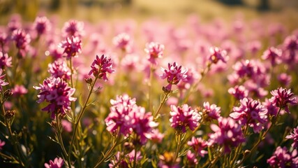 A Field of Delicate Pink Flowers Bathed in the Warm Glow of the Setting Sun