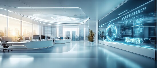 Futuristic office with panoramic city view and interactive digital display.