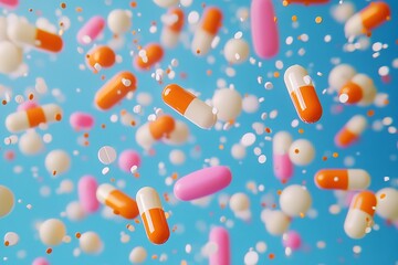 Pill capsules of antibiotics falling in healthcare. Generative Ai