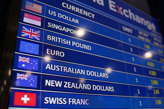 Close-up view of a digital currency exchange board showcasing prominent global currencies such as US Dollar, Singapore Dollar, British Pound, Euro, Australian Dollar, New Zealand Dollar, and Swiss Fra