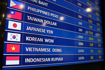 Close-up of a digital currency exchange board featuring Asian currencies including Thai Baht,...