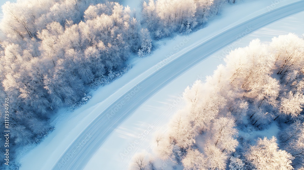 Poster aerial view of snowblanketed forest with curved road in winter : generative ai