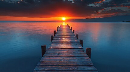 Fototapeta premium Scenic Sunset Over Wooden Dock Extending into Serene Lake Waters : Generative AI