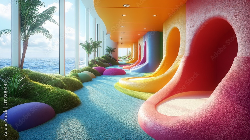 Poster a vibrant lounge area showcases colorful seating options with a stunning ocean view. the space is br