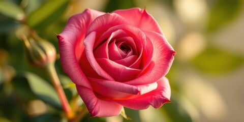 A single pink rose with delicate petals unfurling in the soft morning light, bathed in a gentle glow and surrounded by lush green foliage
