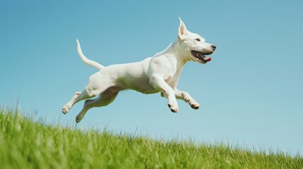 Fototapeta premium Happy White Dog Playfully Leaping Over Green Grass Under Clear Blue Sky in Sunlight, Capturing a Joyful Moment of Canine Freedom and Energy
