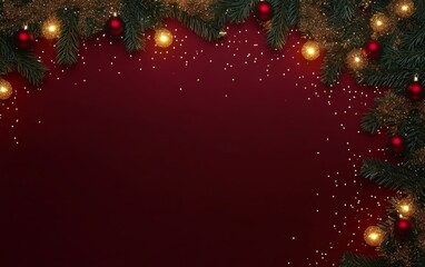 A festive Christmas background featuring lush fir branches adorned with vibrant red balls, evoking a warm holiday spirit.