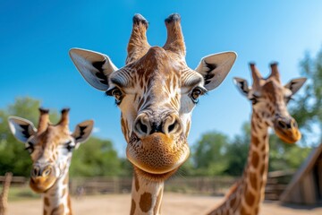 Naklejka premium Close-up of a curious giraffe with piercing eyes and distinct features, surrounded by other giraffes against a bright blue sky in a vibrant wildlife setting.