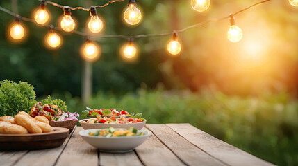 A lively outdoor dining setting with illuminated string lights and delicious meals.