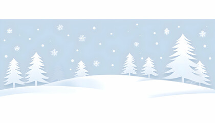 Obraz premium Serene winter landscape illustration featuring snow-covered hills and stylized pine trees against a light blue sky with falling snowflakes. Ideal for holiday cards, banners, or winter-themed projects.