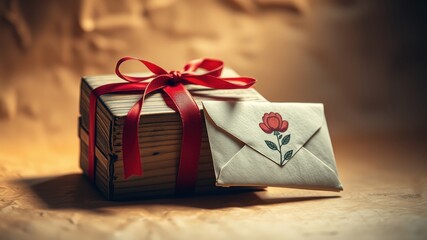 A simple wooden gift box tied with a vibrant red ribbon, resting beside a delicate white envelope adorned with a single red flower, hinting at a heartfelt message within.