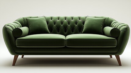 Elegant Green Velvet Sofa with Luxurious Tufted Design and Complementary Pillows Modern Furniture : Generative AI