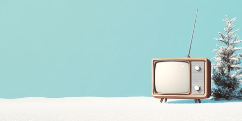 Retro TV and SnowCovered Tree Against Minimalist Winter Backdrop