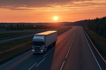 Majestic Sunset Over a Quiet Highway with a Freight Truck Driving Solo Alongside Lush Green Fields and Wooded Areas in a Scenic Landscape