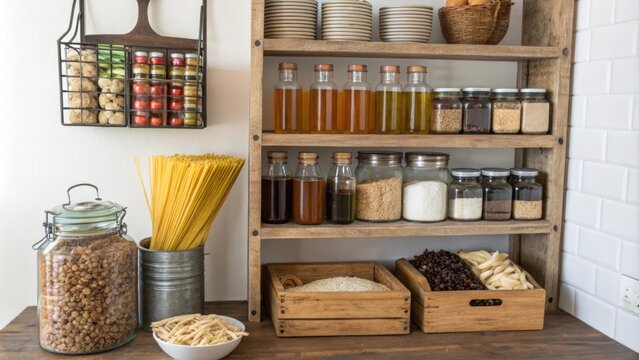 The pantrys apex is filled with a variety of vinegars and oils stored upright in a beautiful tiered rack. Below bright glass jars filled with pasta and rice are organized by size