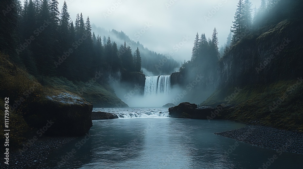 Poster misty forest waterfall cascading into tranquil river surrounded by lush greenery : generative ai