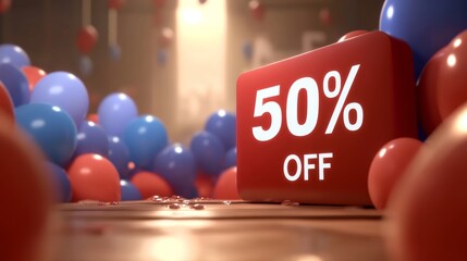 Vibrant Sale Celebration with 50% Off Sign Among Colorful Balloons