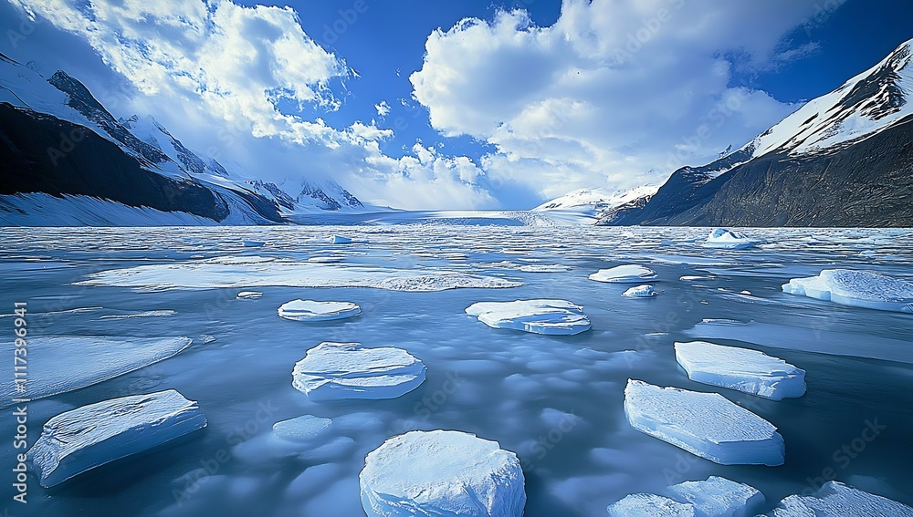 Aufkleber Pristine Arctic Landscape with Floating Icebergs and Majestic Mountain Backdrop Under Bright Blue Sky : Generative AI
