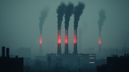 Obraz premium Industrial Landscape at Dusk Featuring Smoke Stacks Emitting Dark Plumes Against a Gloomy Atmosphere with Glowing Red Tips