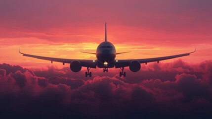 Fototapeta premium Majestic Airplane Silhouette Against Vibrant Sunset Sky with Dramatic Clouds and Warm Colors for Travel and Adventure Enthusiasts