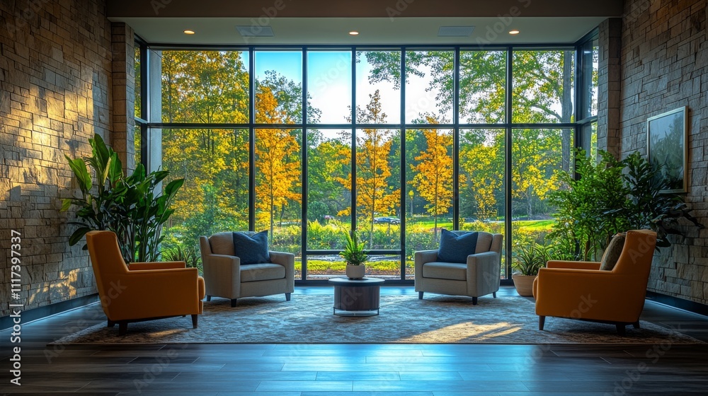 Poster a warm seating arrangement features two orange chairs and a small table, surrounded by greenery and 