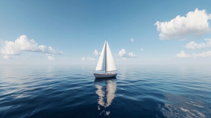 Obraz premium Tranquil Scene of a Single Sailboat Gliding Across a Serene Ocean Under a Clear Blue Sky with Soft White Clouds Reflecting in Calm Waters